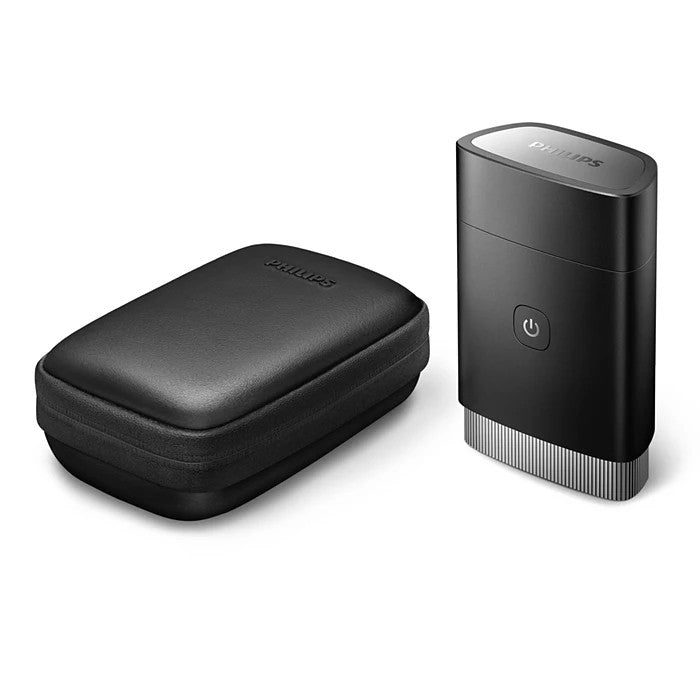 Black electronic device and carrying case on a white background